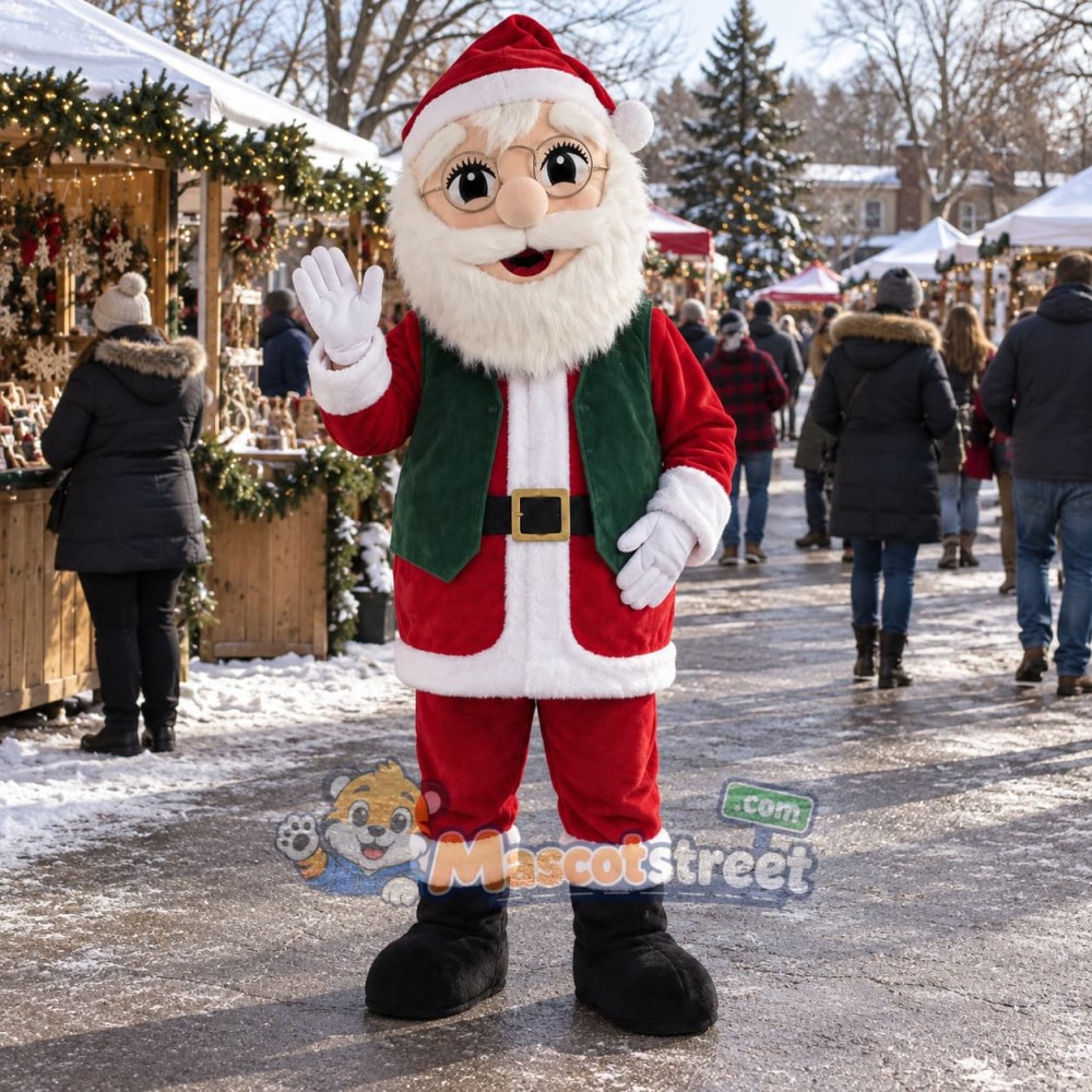 Santa Claus Mascot Costume with Green Vest and Red Suit Santa Claus Mascot Costume with Green Vest and Red Suit