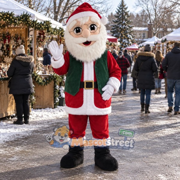 Santa Claus Mascot Costume with Green Vest and Red Suit