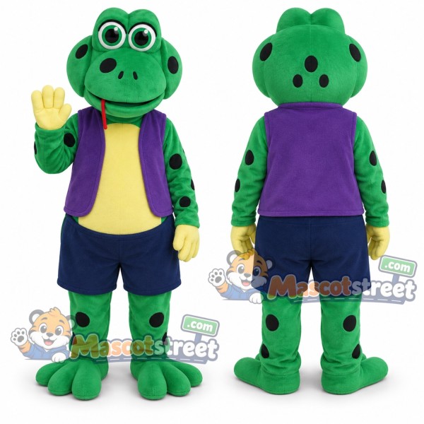Green Frog Mascot Costume with Purple Vest and Navy Shorts