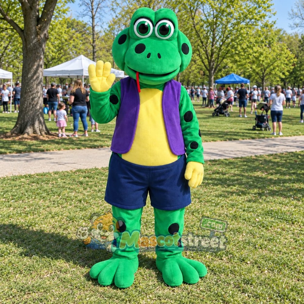 Green Frog Mascot Costume with Purple Vest and Navy Shorts Green Frog Mascot Costume with Purple Vest and Navy Shorts