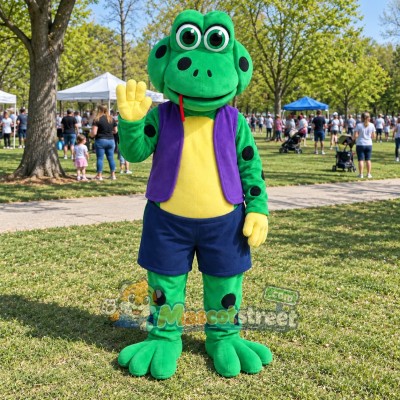 Green Frog Mascot Costume with Purple Vest and Navy Shorts Green Frog Mascot Costume with Purple Vest and Navy Shorts