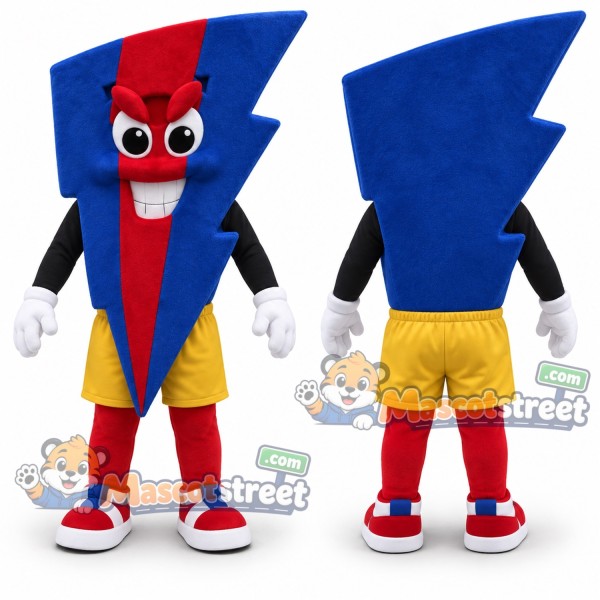Red and Blue Lightning Bolt Mascot Costume with Yellow Shorts
