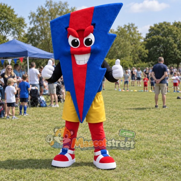 Red and Blue Lightning Bolt Mascot Costume with Yellow Shorts Red and Blue Lightning Bolt Mascot Costume with Yellow Shorts