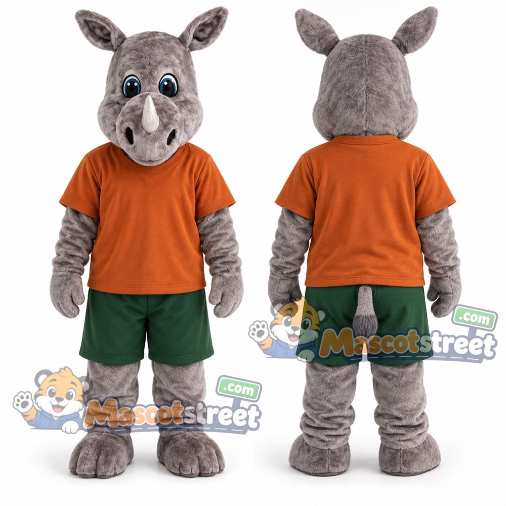 Gray Rhinoceros Mascot Costume with Orange Shirt and Green Shorts