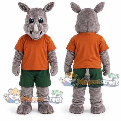 Gray Rhinoceros Mascot Costume with Orange Shirt and Green Shorts
