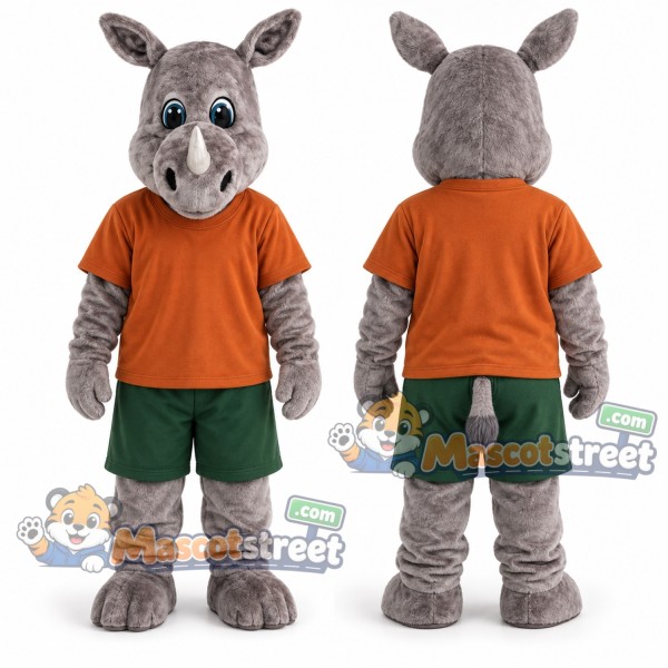 Gray Rhinoceros Mascot Costume with Orange Shirt and Green Shorts