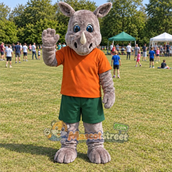 Gray Rhinoceros Mascot Costume with Orange Shirt and Green Shorts