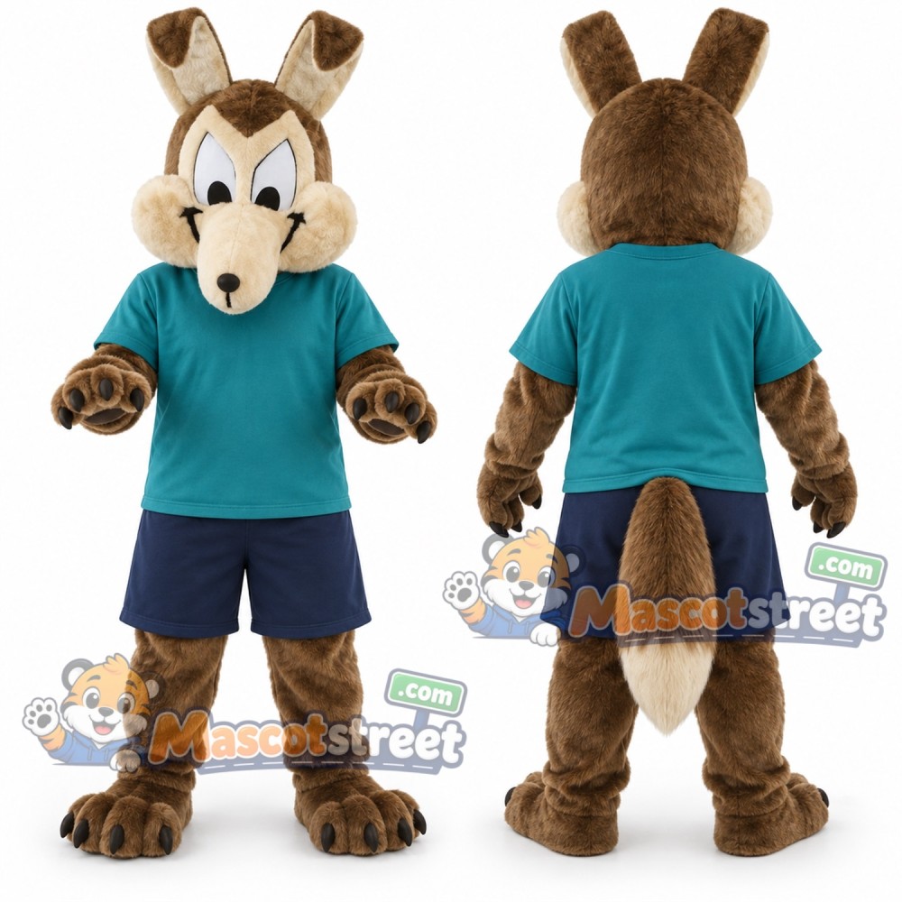 Brown Wolf Mascot Costume with Teal Shirt and Navy Shorts Brown Wolf Mascot Costume with Teal Shirt and Navy Shorts