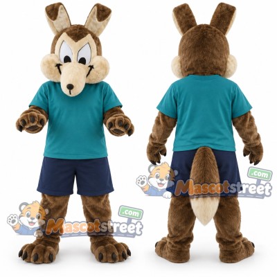 Brown Wolf Mascot Costume with Teal Shirt and Navy Shorts Brown Wolf Mascot Costume with Teal Shirt and Navy Shorts
