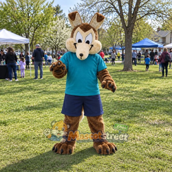 Brown Wolf Mascot Costume with Teal Shirt and Navy Shorts