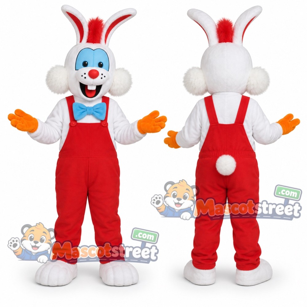 White Rabbit Mascot Costume with Red Overalls White Rabbit Mascot Costume with Red Overalls