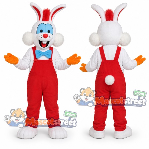 White Rabbit Mascot Costume with Red Overalls