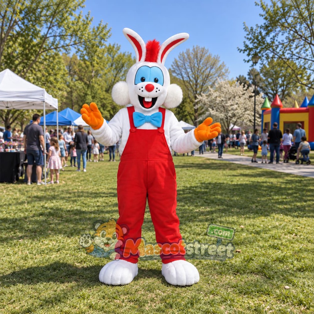 White Rabbit Mascot Costume with Red Overalls White Rabbit Mascot Costume with Red Overalls