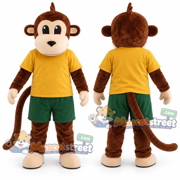 Brown Monkey Mascot Costume with Yellow Shirt and Green Shorts