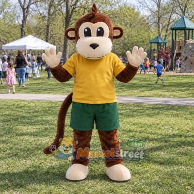 Brown Monkey Mascot Costume with Yellow Shirt and Green Shorts Brown Monkey Mascot Costume with Yellow Shirt and Green Shorts