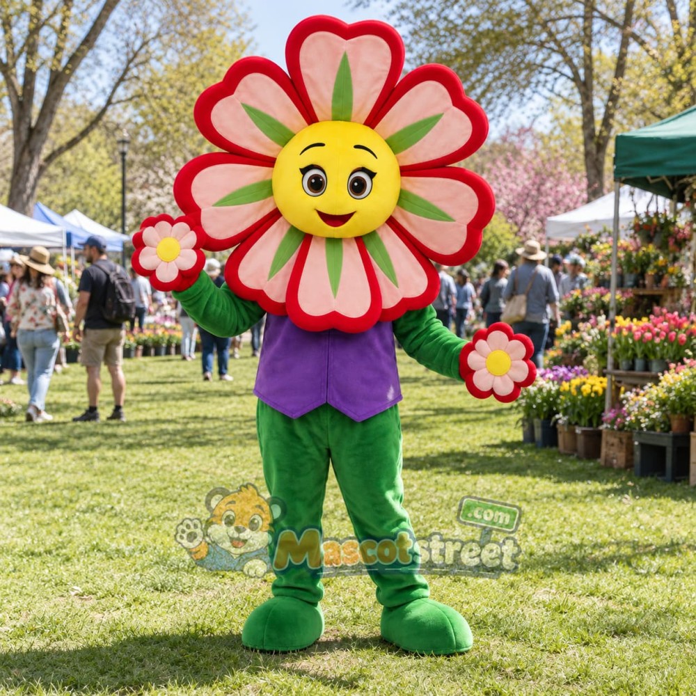 Red Flower Mascot Costume with Purple Vest Red Flower Mascot Costume with Purple Vest