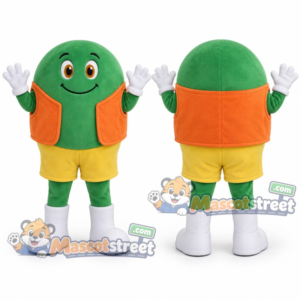 Green Candy Mascot Costume with Orange Vest and Yellow Shorts