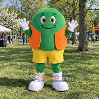 Green Candy Mascot Costume with Orange Vest and Yellow Shorts