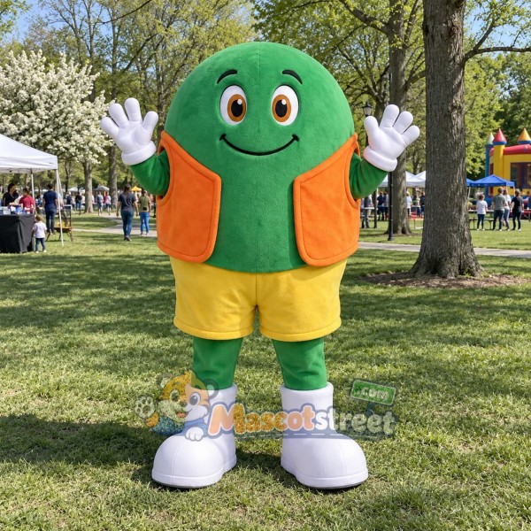 Green Candy Mascot Costume with Orange Vest and Yellow Shorts