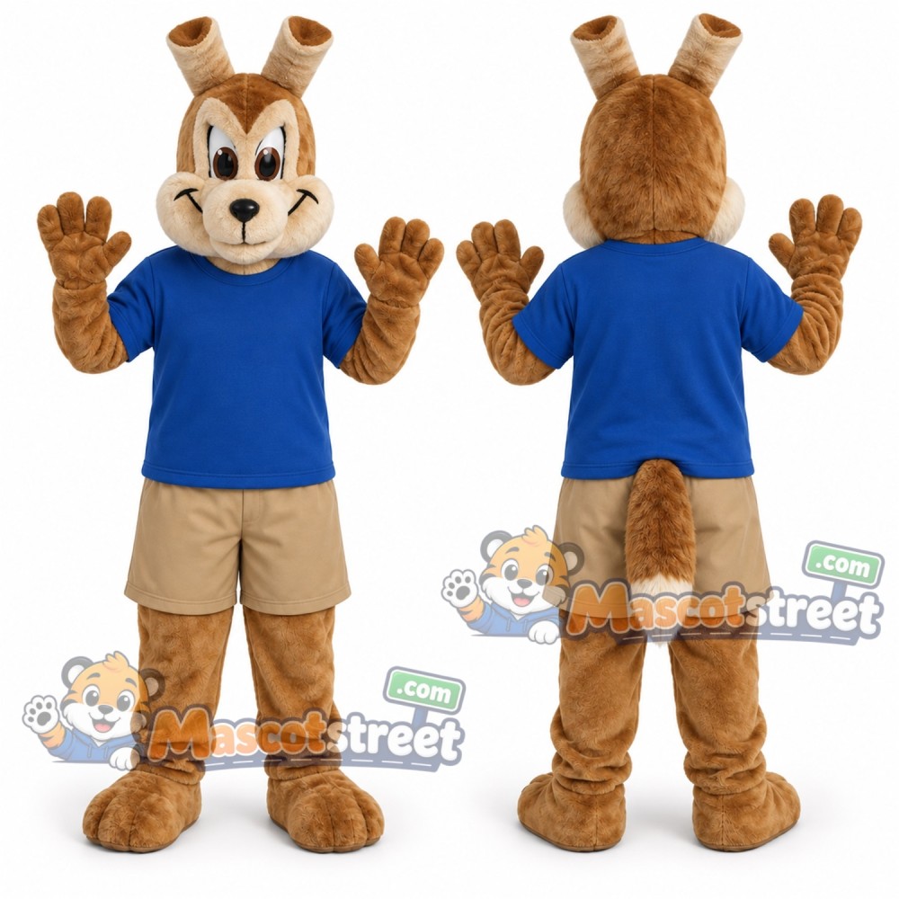 Brown Rabbit Mascot Costume with Blue Shirt and Tan Shorts Brown Rabbit Mascot Costume with Blue Shirt and Tan Shorts