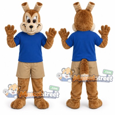 Brown Rabbit Mascot Costume with Blue Shirt and Tan Shorts Brown Rabbit Mascot Costume with Blue Shirt and Tan Shorts