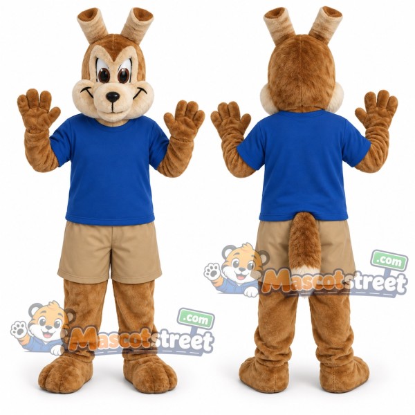 Brown Rabbit Mascot Costume with Blue Shirt and Tan Shorts