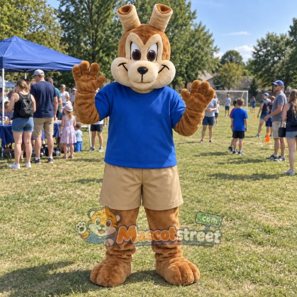 Brown Rabbit Mascot Costume with Blue Shirt and Tan Shorts