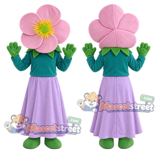 Pink Flower Mascot Costume with Teal Shirt and Lavender Skirt