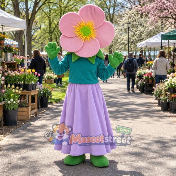 Pink Flower Mascot Costume with Teal Shirt and Lavender Skirt