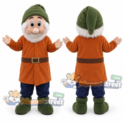 Bearded Dwarf Mascot Costume with Orange Coat, Navy Trousers and Green Hat