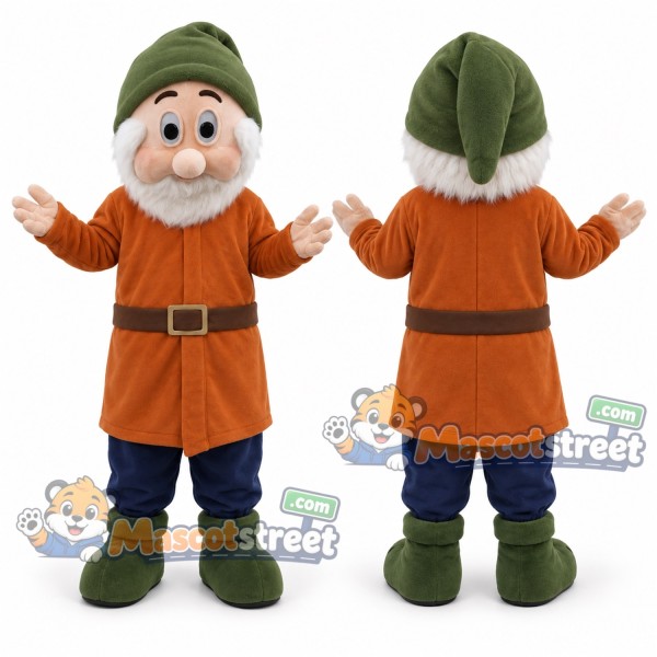 Bearded Dwarf Mascot Costume with Orange Coat, Navy Trousers and Green Hat
