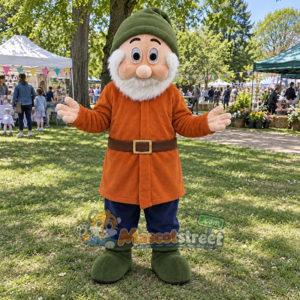 Bearded Dwarf Mascot Costume with Orange Coat, Navy Trousers and Green Hat