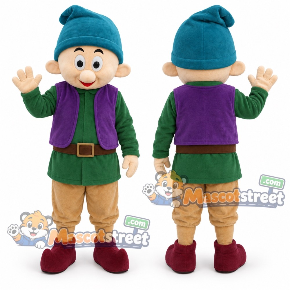 Elf Mascot Costume with Green Coat, Purple Vest and Tan Trousers