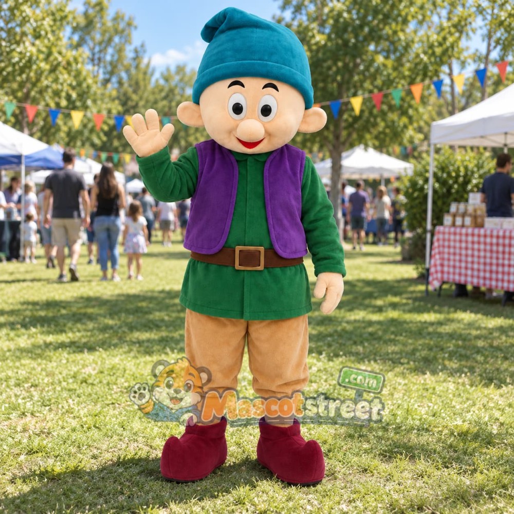 Elf Mascot Costume with Green Coat, Purple Vest and Tan Trousers