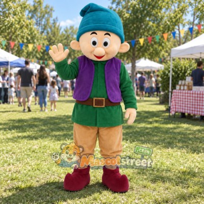 Elf Mascot Costume with Green Coat, Purple Vest and Tan Trousers