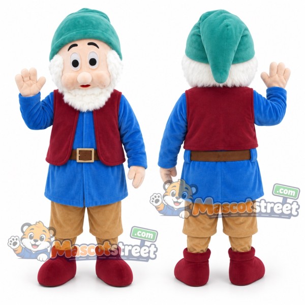 Bearded Dwarf Mascot Costume with Blue Coat, Burgundy Vest and Tan Trousers