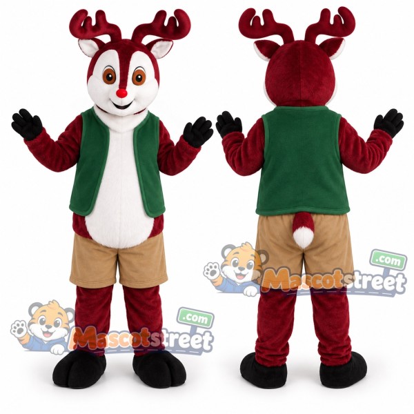 Burgundy Reindeer Mascot Costume with Green Vest and Tan Shorts