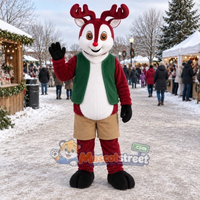 Burgundy Reindeer Mascot Costume with Green Vest and Tan Shorts
