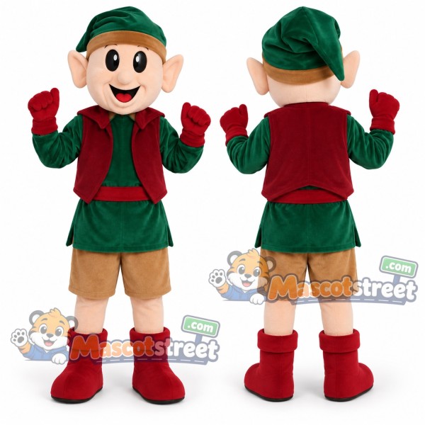Christmas Elf Mascot Costume with Green Coat, Red Vest and Tan Shorts
