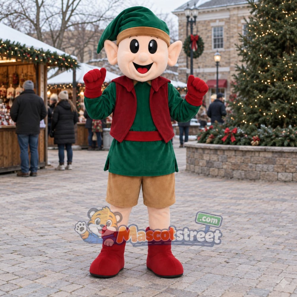 Christmas Elf Mascot Costume with Green Coat, Red Vest and Tan Shorts Christmas Elf Mascot Costume with Green Coat, Red Vest and Tan Shorts