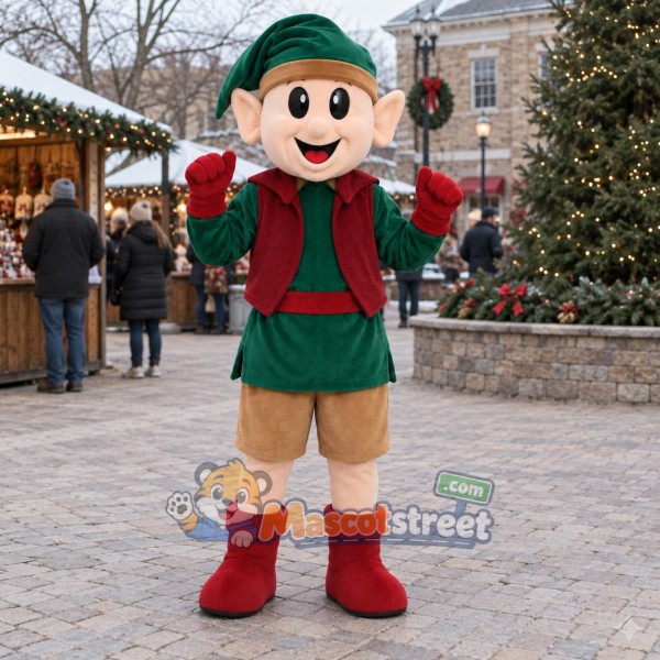 Christmas Elf Mascot Costume with Green Coat, Red Vest and Tan Shorts