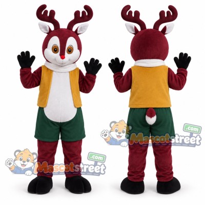 Burgundy Reindeer Mascot Costume with Yellow Vest and Green Shorts