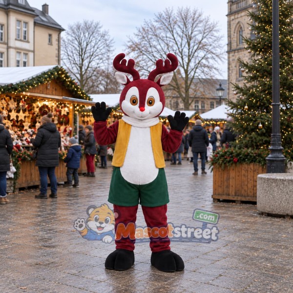 Burgundy Reindeer Mascot Costume with Yellow Vest and Green Shorts
