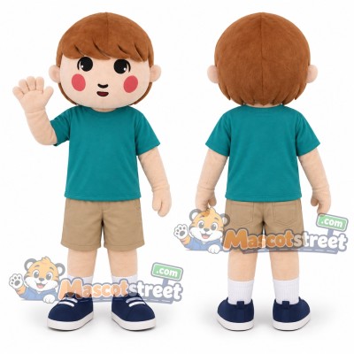 Boy Mascot Costume with Teal Shirt and Tan Shorts Boy Mascot Costume with Teal Shirt and Tan Shorts
