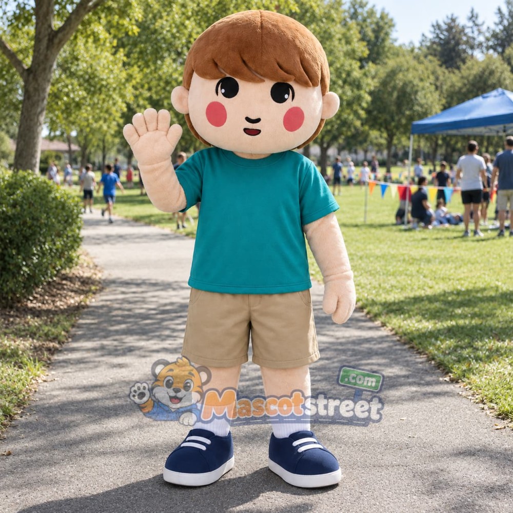 Boy Mascot Costume with Teal Shirt and Tan Shorts Boy Mascot Costume with Teal Shirt and Tan Shorts