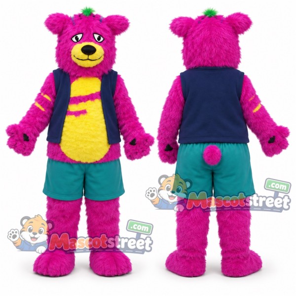 Pink Monster Mascot Costume with Navy Vest and Teal Shorts