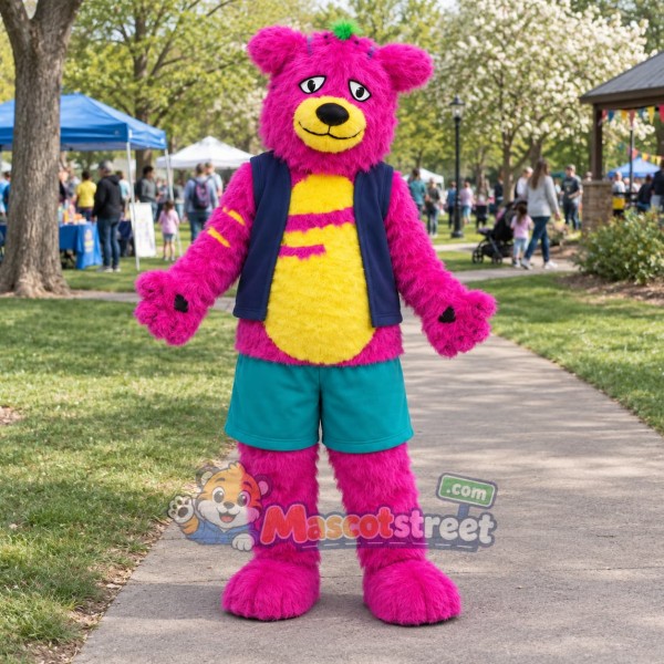 Pink Monster Mascot Costume with Navy Vest and Teal Shorts