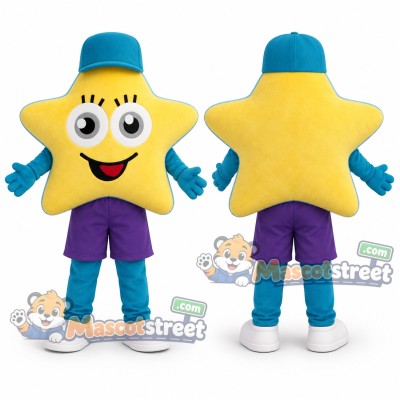 Yellow Star Mascot Costume with Purple Shorts and Teal Hat Yellow Star Mascot Costume with Purple Shorts and Teal Hat