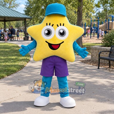 Yellow Star Mascot Costume with Purple Shorts and Teal Hat Yellow Star Mascot Costume with Purple Shorts and Teal Hat