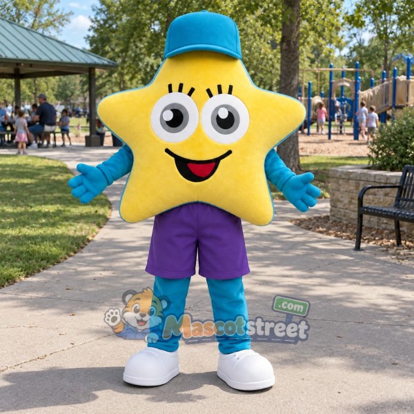 Yellow Star Mascot Costume with Purple Shorts and Teal Hat